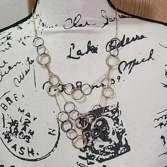 #25 set of 3 fashion necklaces mixed metals layered circle geometric eclectic - Picture 2 of 4